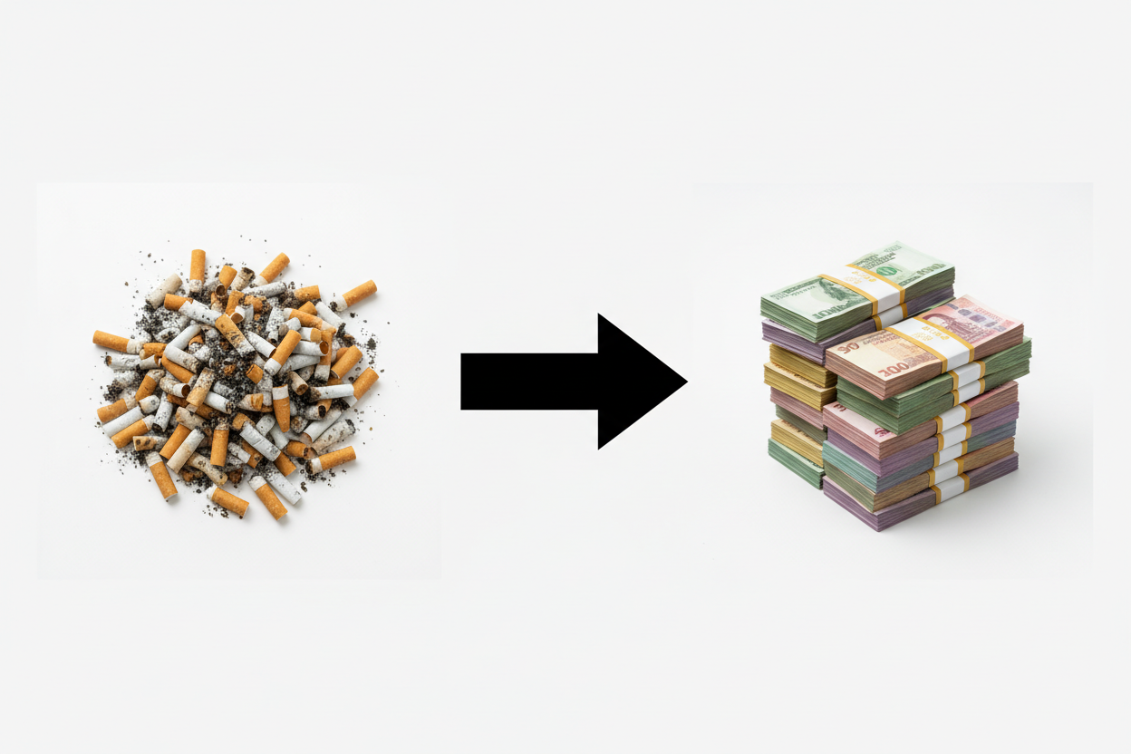 cigarette butts on left, arrow in center pointing to right, money bundles in the right
